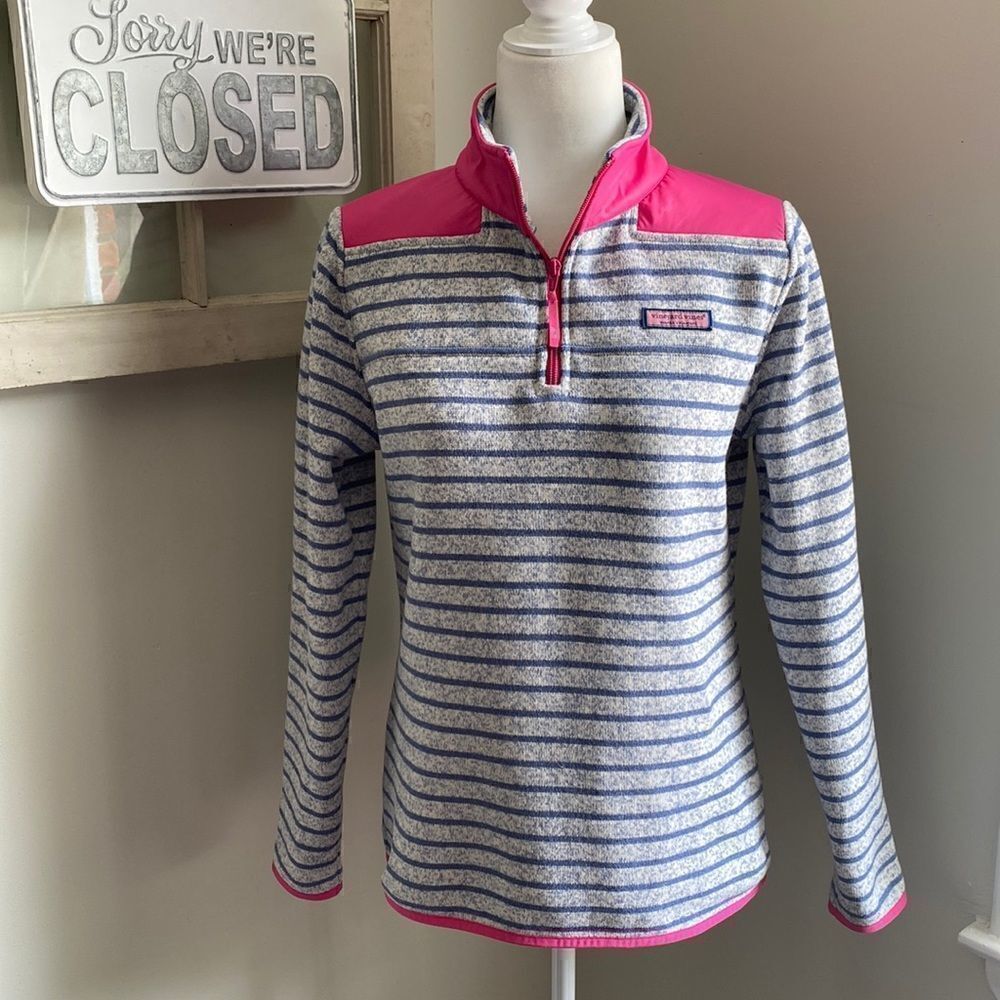 Vineyard Vines Quarter Zip Stripe Pullover Grey Blue Pink